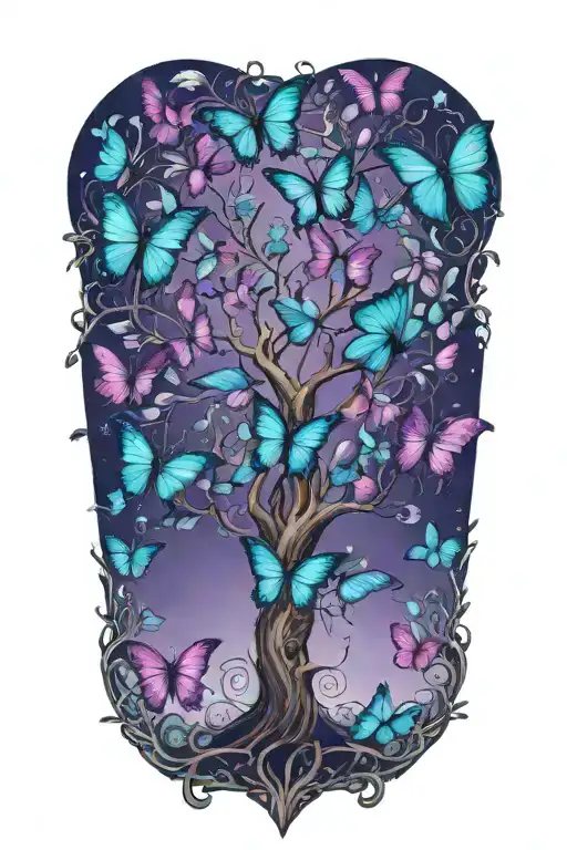 Tree Of Life With Purple And Teal Butterflies