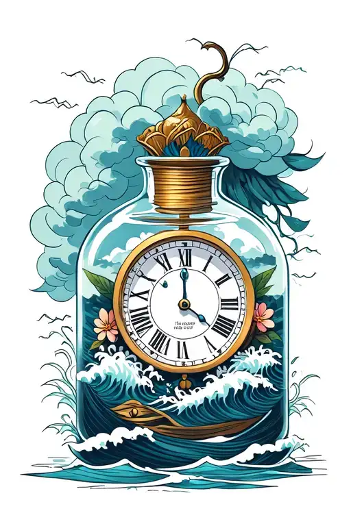 Time In A Bottle With Clock And Storm Clouds Inside And Waves With Hoya Flowers Around The Bottle