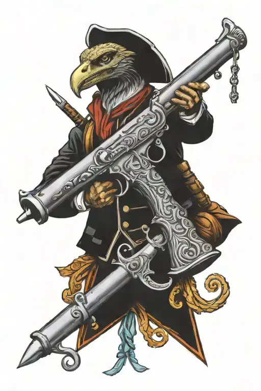 Flintlock Pistol And Cutlass In X Position With A Moray Coiled Around Them