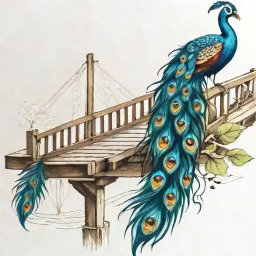 Wooden Bridge With Peacock Feather Intertwined