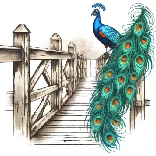 Wooden Bridge With Peacock Feather Intertwined