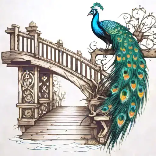 Wooden Bridge With Peacock Feather Intertwined