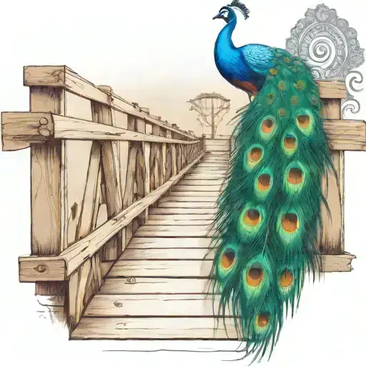 Wooden Bridge With Peacock Feather Intertwined