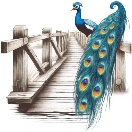 Black And White Wooden Bridge With Colorful Peacock Feather
