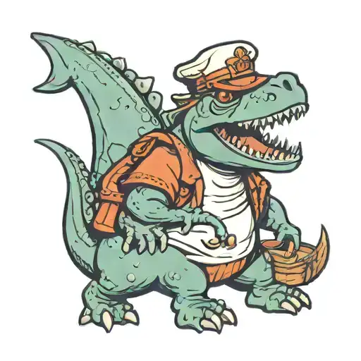 Cartoon Dino Holding Bag And Sailor Hat