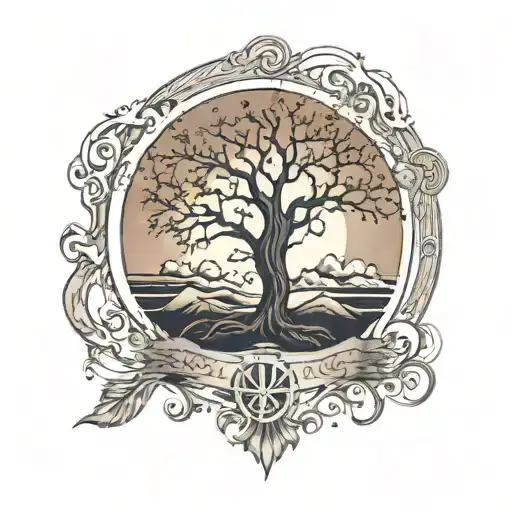 Full Sleeve Tattoo Featuring A Tree On The Forearm Transitioning To A Space Scene On The Upper Arm