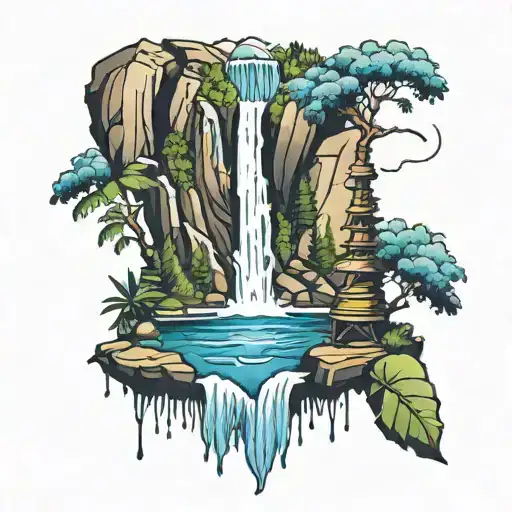 Waterfall With Tent At The Bottom