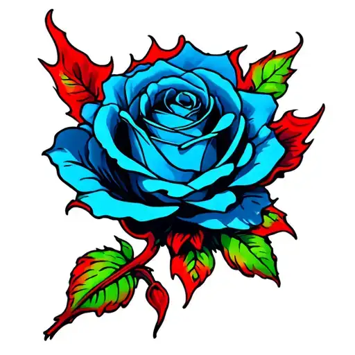 Flaming Blue Rose With Red Stem