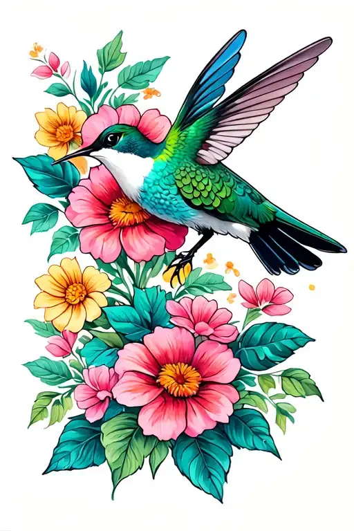Humming Bird With A Flower Bouquet