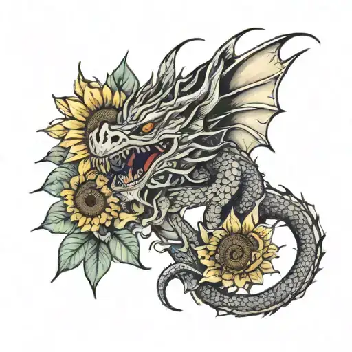 Dragon With Sunflower Blooming