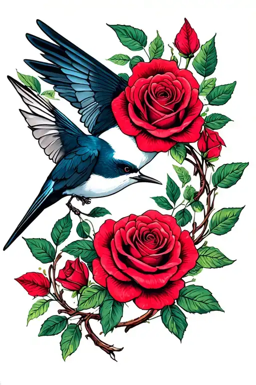 Roses And Laurel Wreath And Swallow