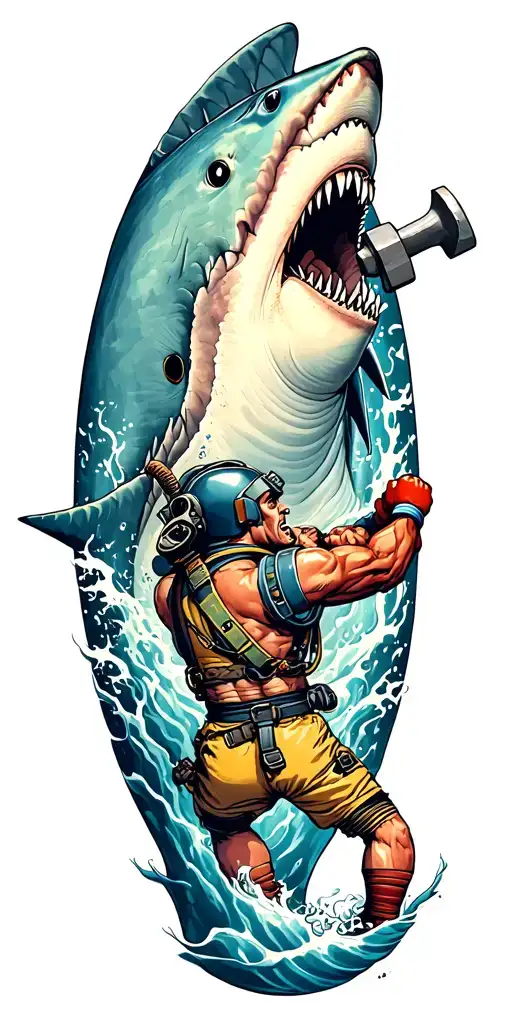 Deep Sea Diver Boxer Throwing A Punch At A Hammer Head Shark