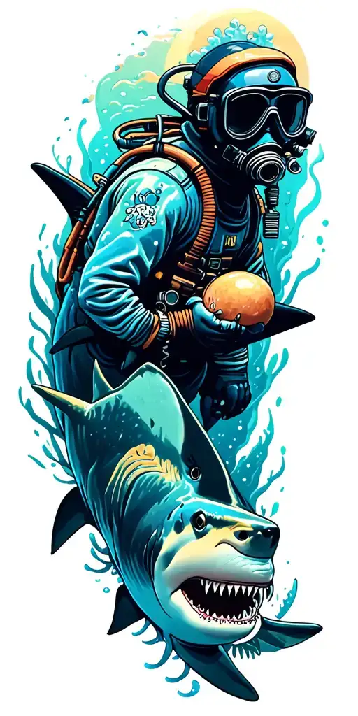 Nautical Underwater Scene With Colorful Images Featuring Deep Sea Diver And Sharks