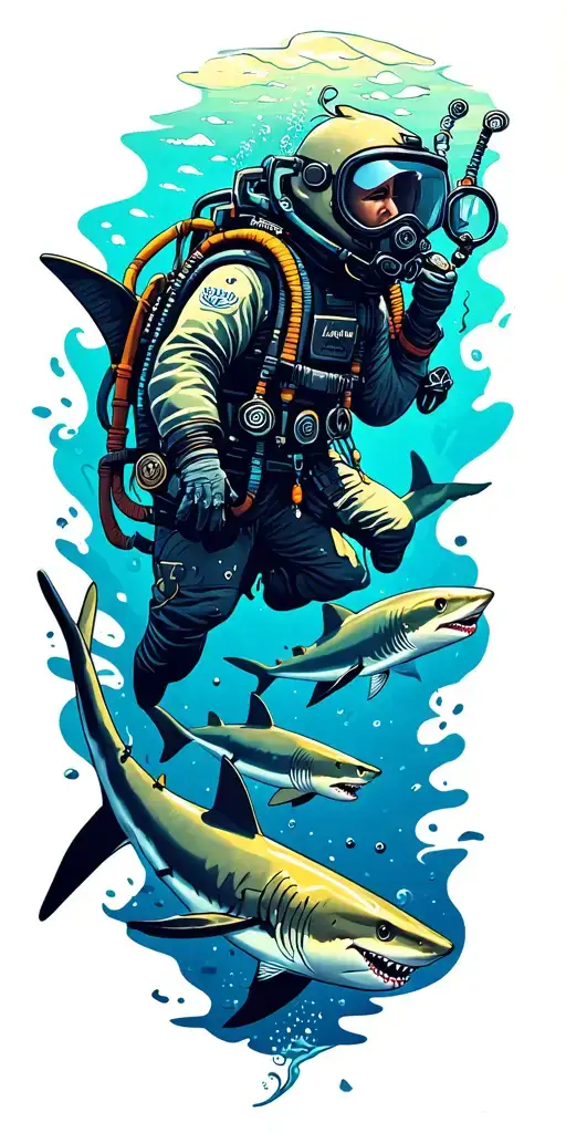 Nautical Underwater Scene With Colorful Images Featuring Deep Sea Diver And Sharks