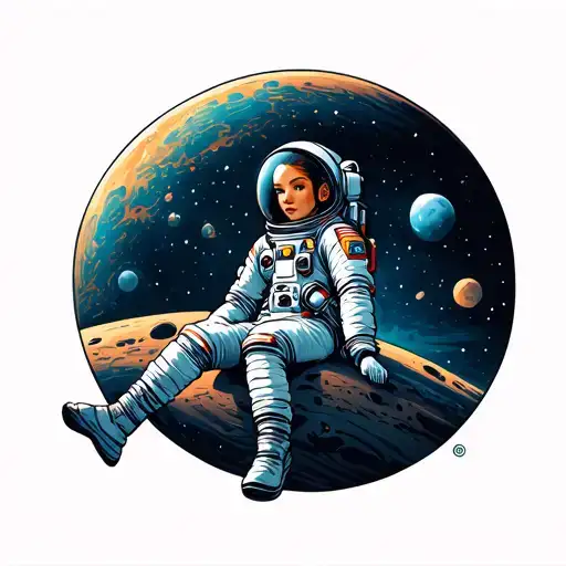 Female Astronaut Sitting On A Planet
