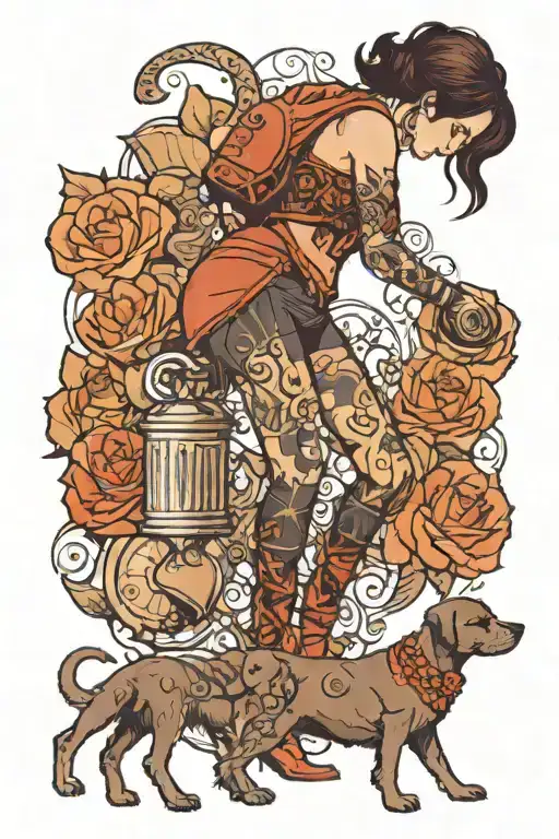 A Woman In Tights Carrying Dumbells Walking Away With A Small And Big Dog Following Her