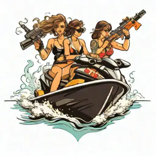 Two Girls In Bikini On Jetski With Guns Smoking Cigarette