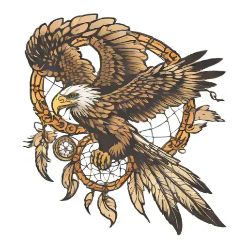 Bald Eagler Flying Holding A Dreamcatcher