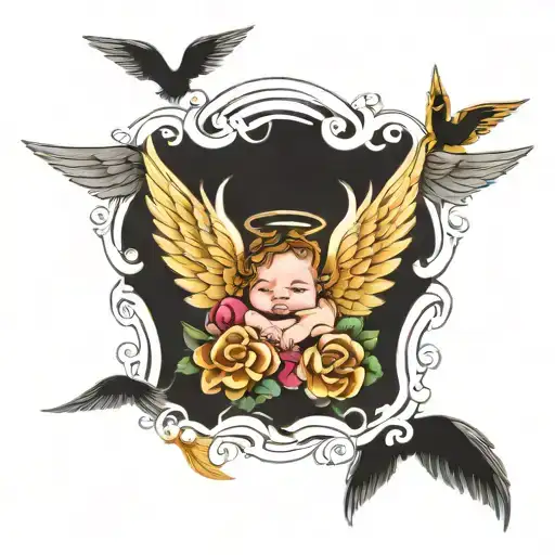 Babys Foor Print With Angle Wings On Each Side With Halo In The Middle