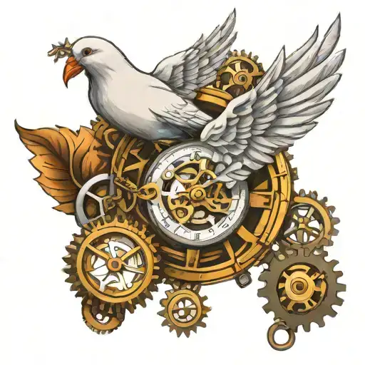 White Dove And Pocket Watch Surrounded By Gears