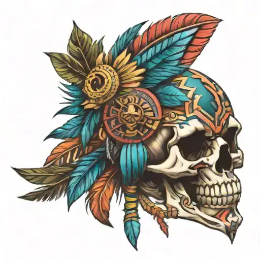 Aztec Scull Mixed With Feather Serpent And Aztec Piramid