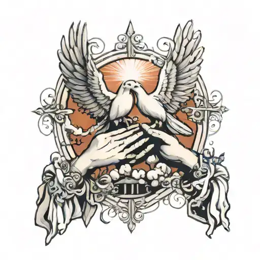 Hands Holding In Front Of Heavens Gates Doves Flying
