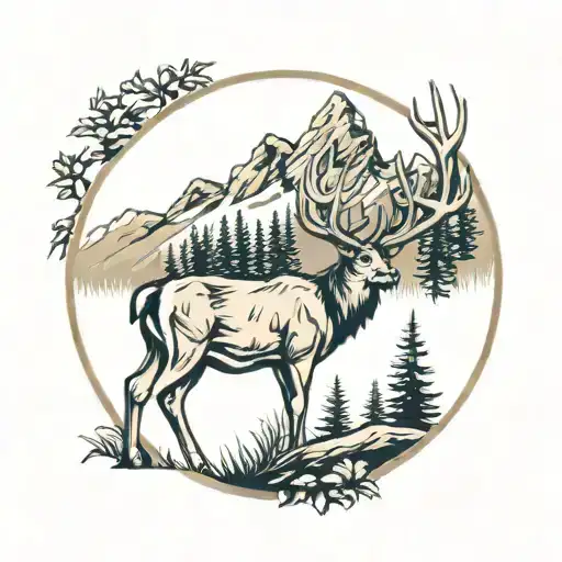Mountains And A Whitetail Buck Standing In Woods