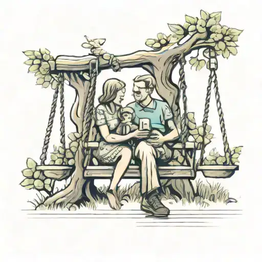 Mother And Father And Kid On Swing Set Of Tree