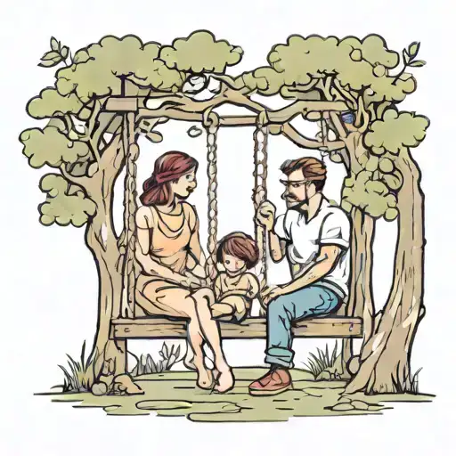Mother And Father And Kid On Swing Set Of Tree