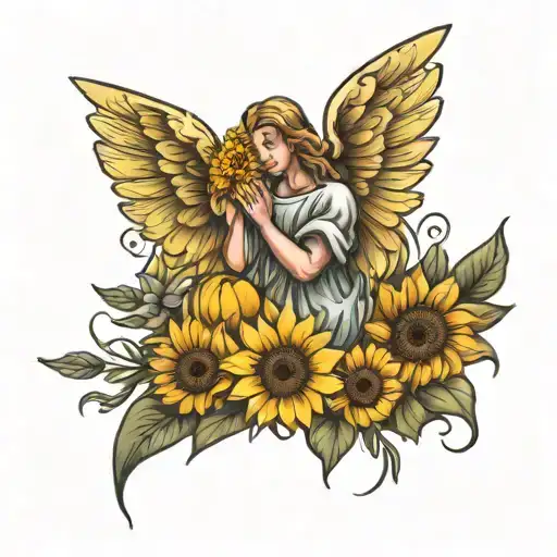 Medium Sized Memorial Tattoo With Angel Holding Sunflowers