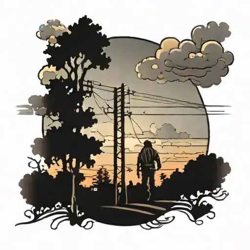 Lineman Climbing Pole On Country Road With Trees In Sunset With A Few Clouds