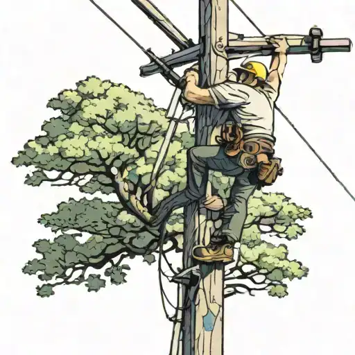 Lineman Working On Pole In Rural Area With Trees Around