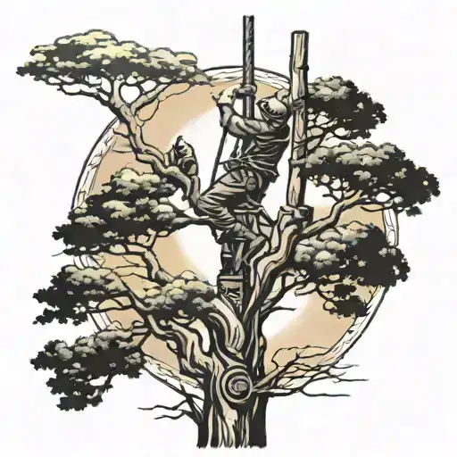 Journeyman Working On Top A Pole With Trees And Sunset In Background