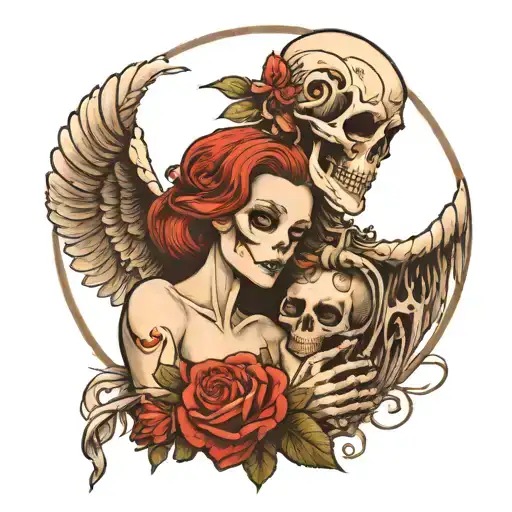 Skeleton Man And Angel Woman Cuddling