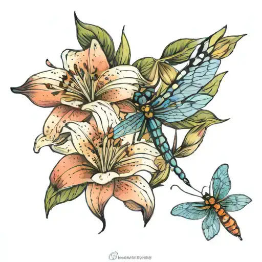 2 Lilies With Shaded Leaves And Dragonfly Flying