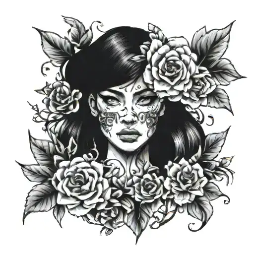 Woman Face Covered Flowers Growing