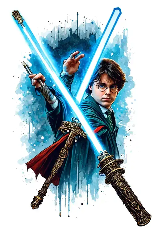 Harry Potter's Wand Crossing A Blue Lightsaber From Star Wars As An X