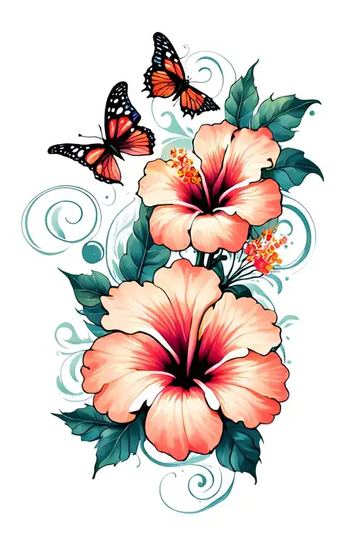 Hibiscus Flowers With Some Swirls And Butterflies