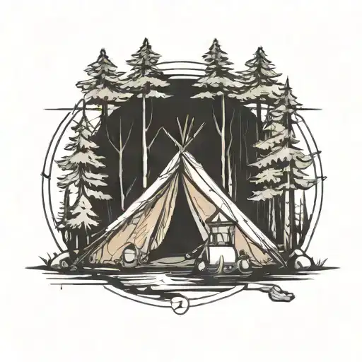 Camp Tent In Forest Surrounded