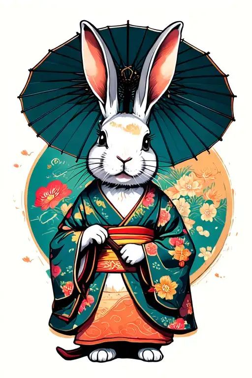 Rabbit Wearing Kimono Holding An Umbrella