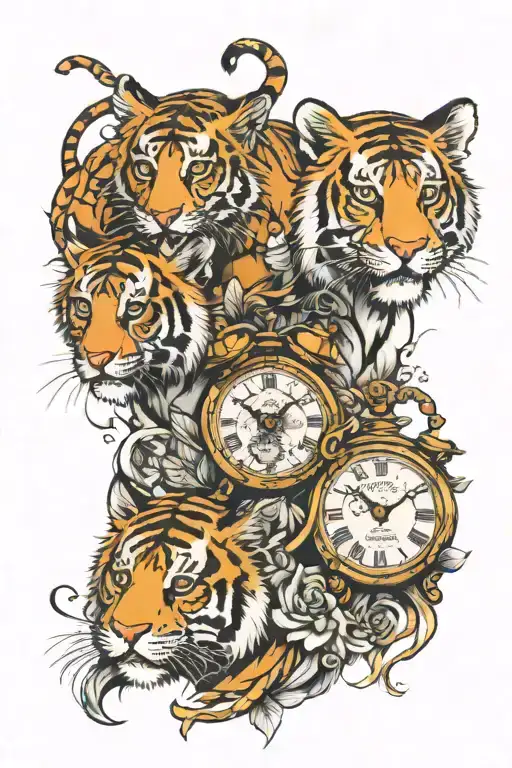 Two Tiger Cubs And Two Clock