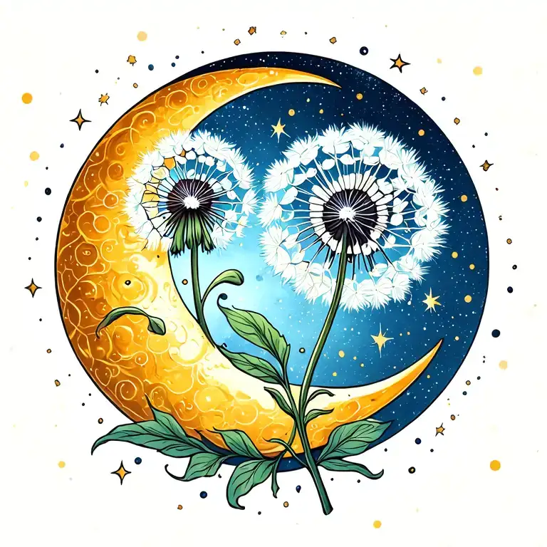 Dandelion Flower Wth Crescent Moon And Stars Swirling Within A Galaxy
