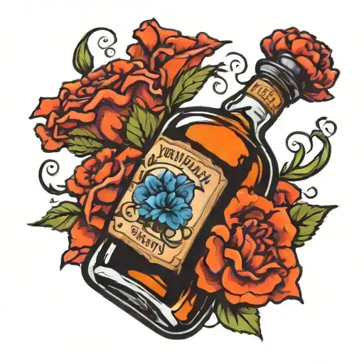 Fireball Whiskey Bottle Holding Blue Carnation Flower