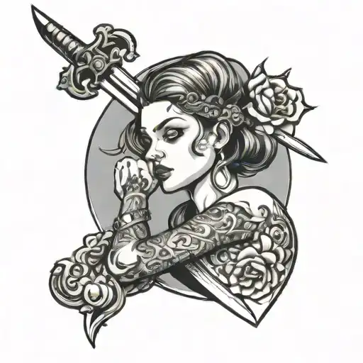 A Woman Resting Her Head On A Sword