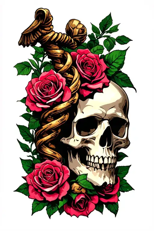 Rod Of Asclepius With Roses And Skull