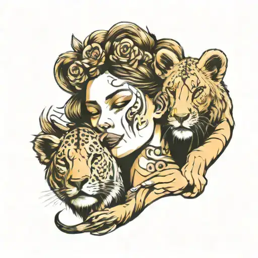 Woman On Her Head A Lioness And A Lion Cub