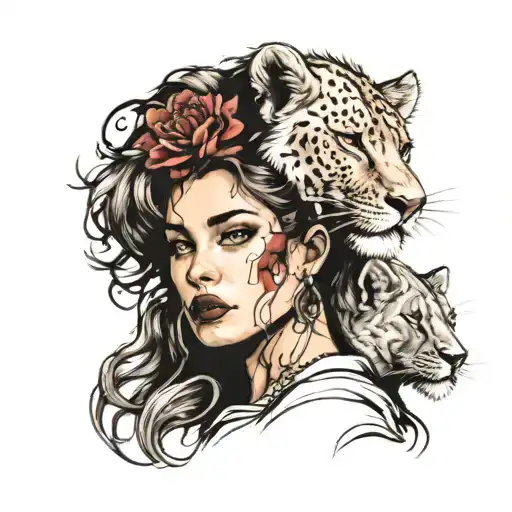 Woman As If Biting Her Head A Lioness And A Lion Cub