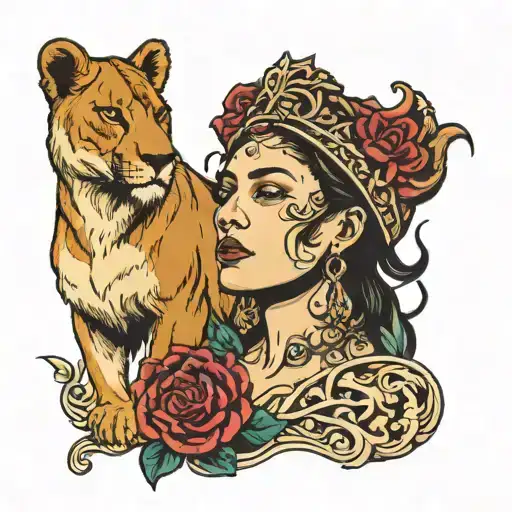 Woman's Head And A Lioness As If Swallowing Her Head
