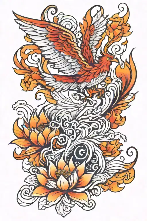 Flaming Phoenix Flying Out Of Lotus Flower