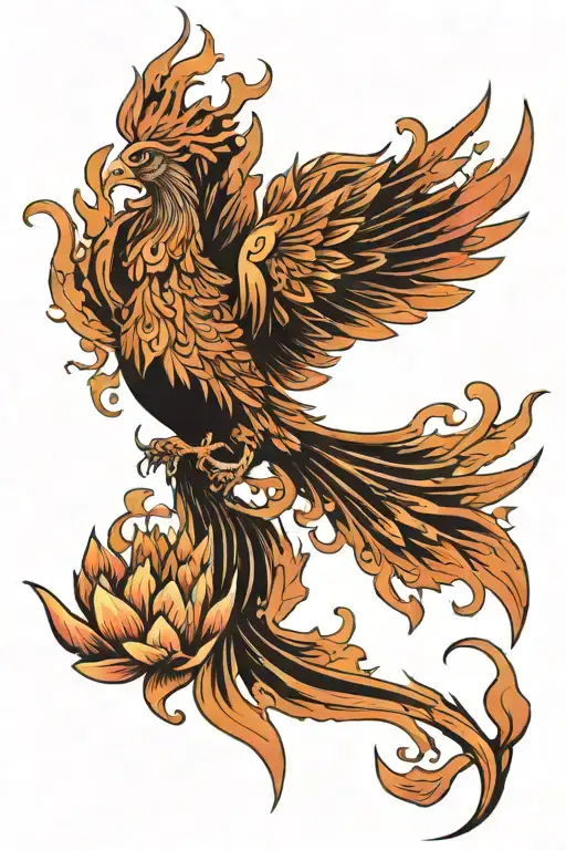 Flaming Phoenix Rising Out Of Lotus Flower Blooming